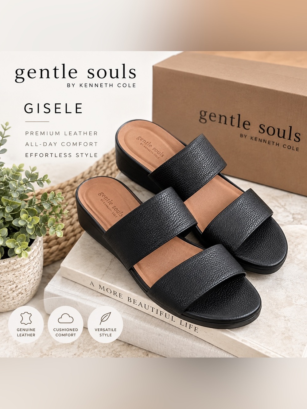 Gentle Souls Black Double-Strap Slide Mules